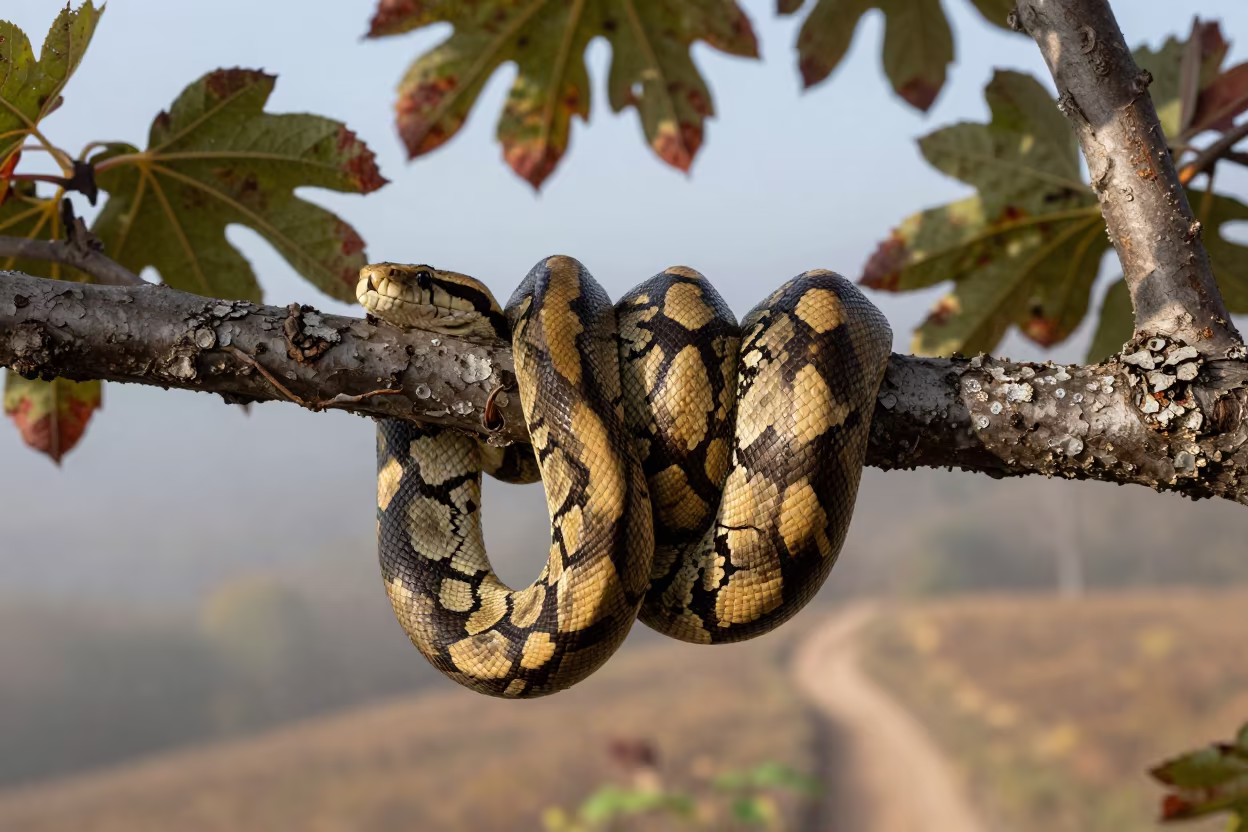 Python Coiled in Kentucky Fig Tree in along a game trail in Kentucky