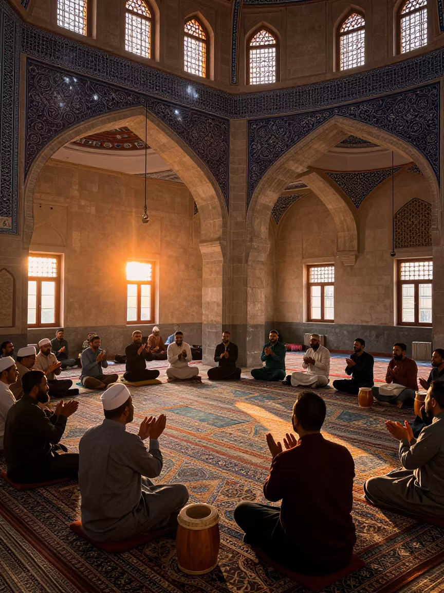 Qawwali Ensemble Performing in Siirt Mosque in in a mosque prayer hall in Siirt