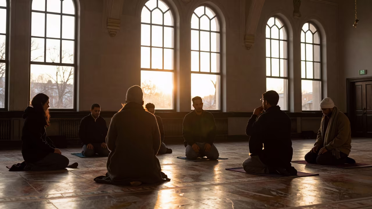 Qawwali Ensemble Silhouetted in Golden Sunset Light in in a mosque prayer hall in Jamaica Plain, Boston