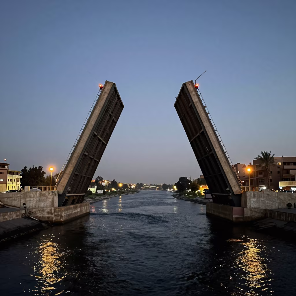 Qena Drawbridge Rising Over Tidal Channel in under a viaduct of steel and concrete in Qena