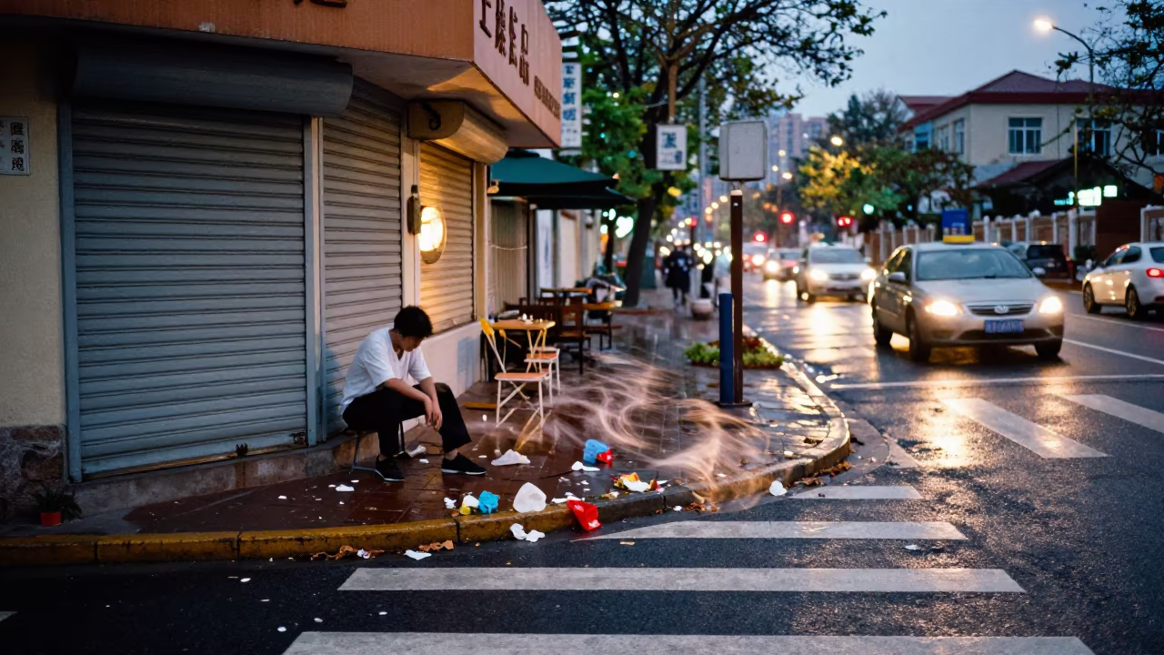 Qingdao Crosswalk Storm Aftermath Evening Glow in outside a corner cafe in Qingdao