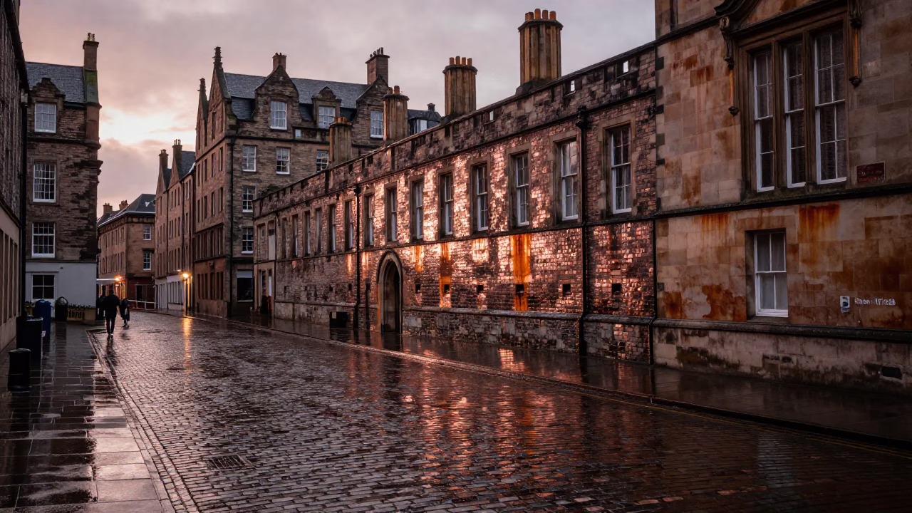 Quad Wet at Copper-toned Light Before Dusk in Edinburgh in in Edinburgh, United Kingdom
