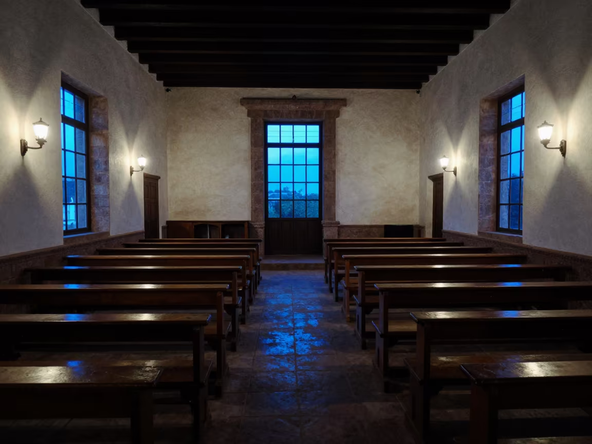 Quaker Meeting Room Cusco Twilight Dust Light in in a chapel lit by stained glass in Cusco