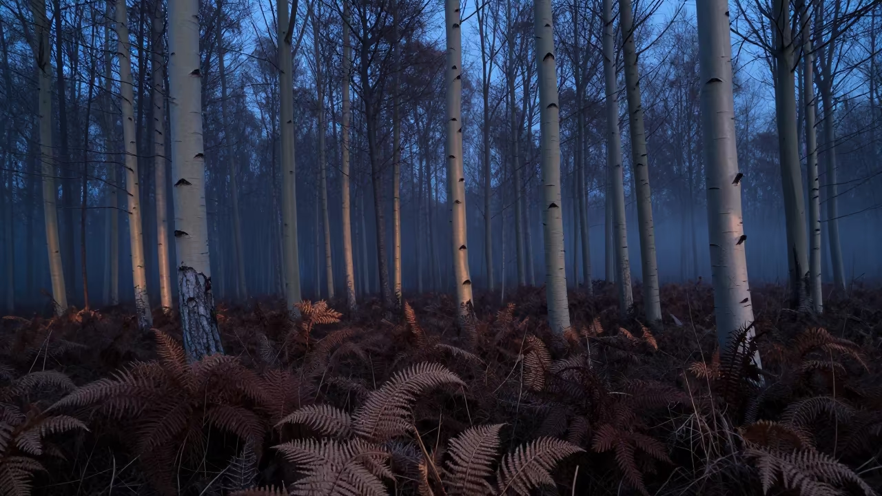 Quaking Aspens in Winter Mist Loire Twilight in on a fern-lined forest floor in the Loire Valley