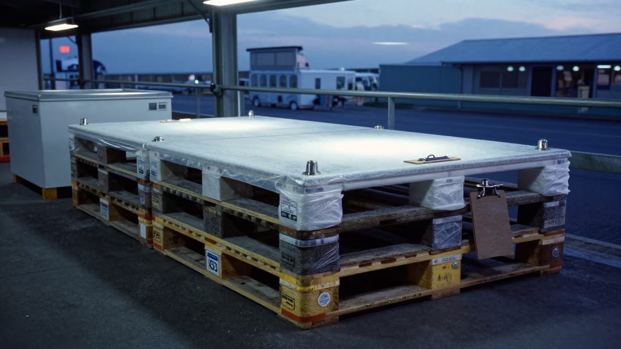 Quarantine Cooler Pallet Under Refrigerated Dock Light in inside a cross-dock lane near Woodstock, Cape Town