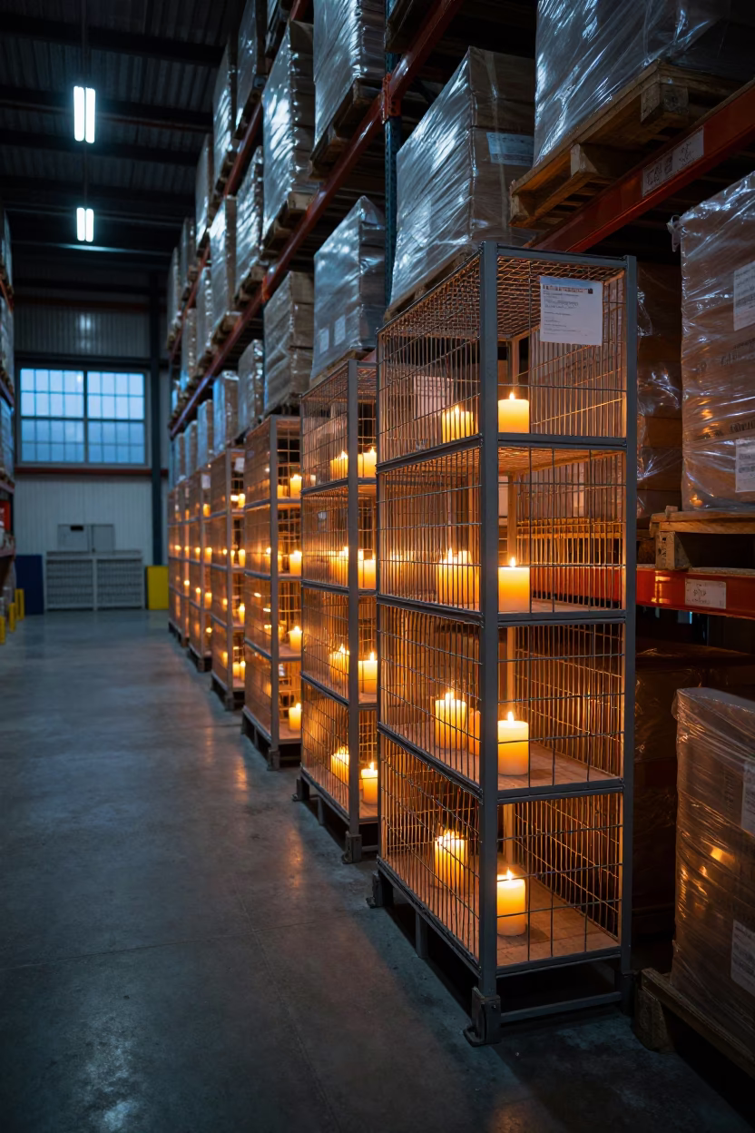 Quarantine Tote Rack in Pre-Dawn Warehouse in inside a warehouse aisle near Greater Sudbury