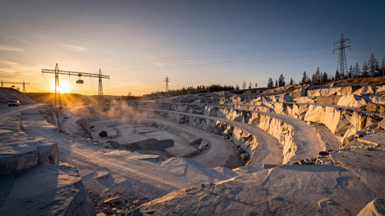 Quarry Bench Road Limestone Finland Sunset in under gantries and utility towers in Finland