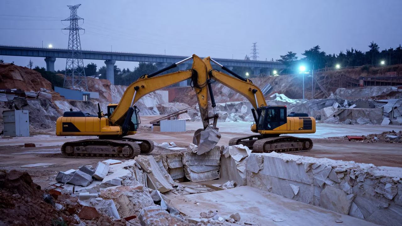 Quarry Excavator Cutting Limestone Bench at Dusk in under gantries and utility towers near Qingdao