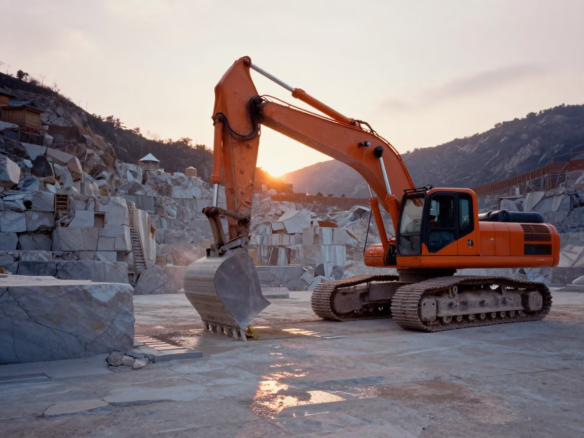 Quarry Excavator Cutting Limestone Bench at Golden Hour in in Japan
