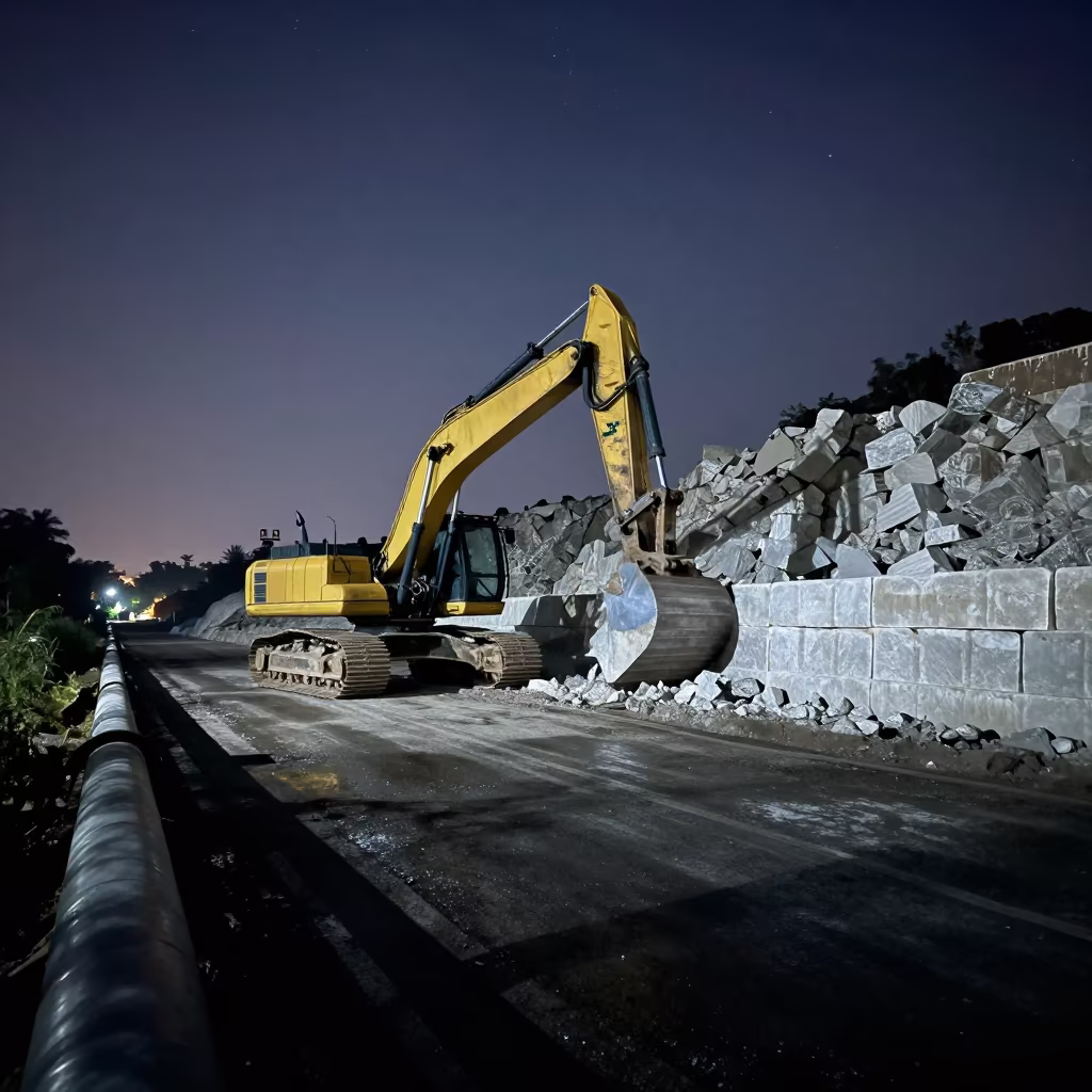 Quarry Excavator Cutting Limestone Bench Monsoon Night in along a service road lined with pipes near Pune