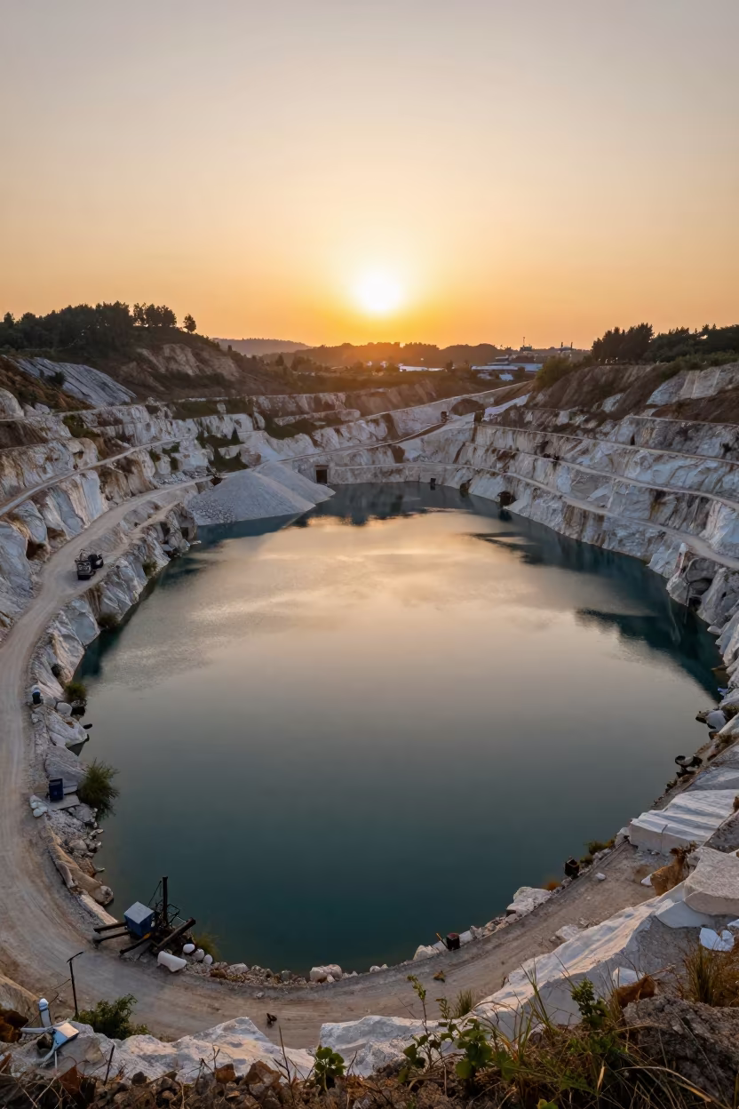 Quarry Lake Amidst Chalk Cliffs in Evening Light in across an active works site in the Pampas