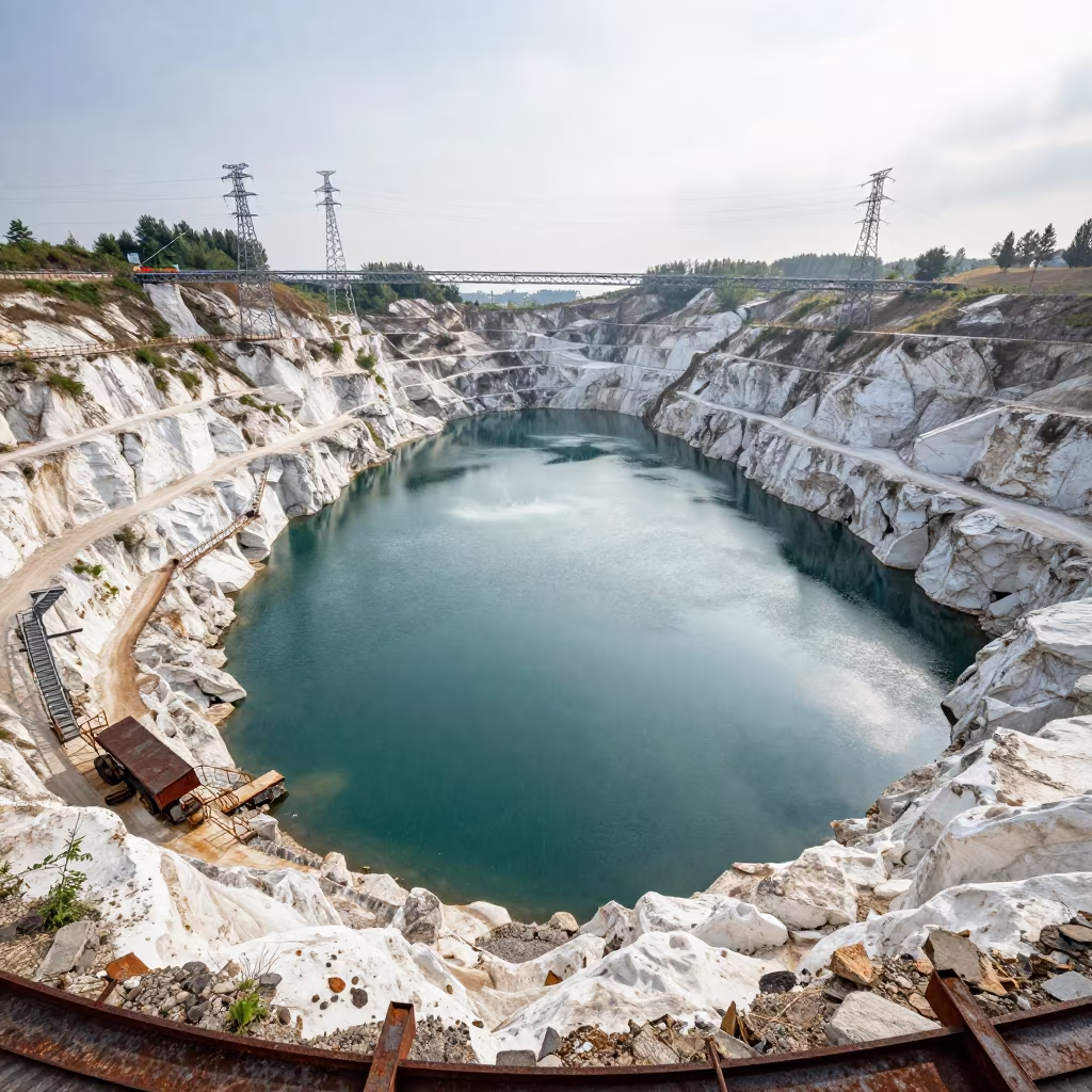 Quarry Lake Ringed by Chalk Cliffs Under Gantry in under gantries and utility towers near Turin