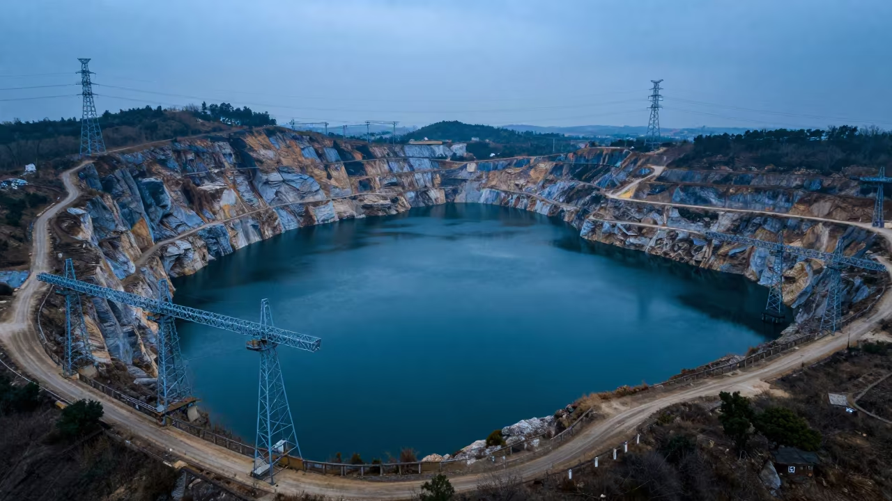 Quarry Lake Ringed by Chalk Cliffs at Twilight in under gantries and utility towers near Katsina