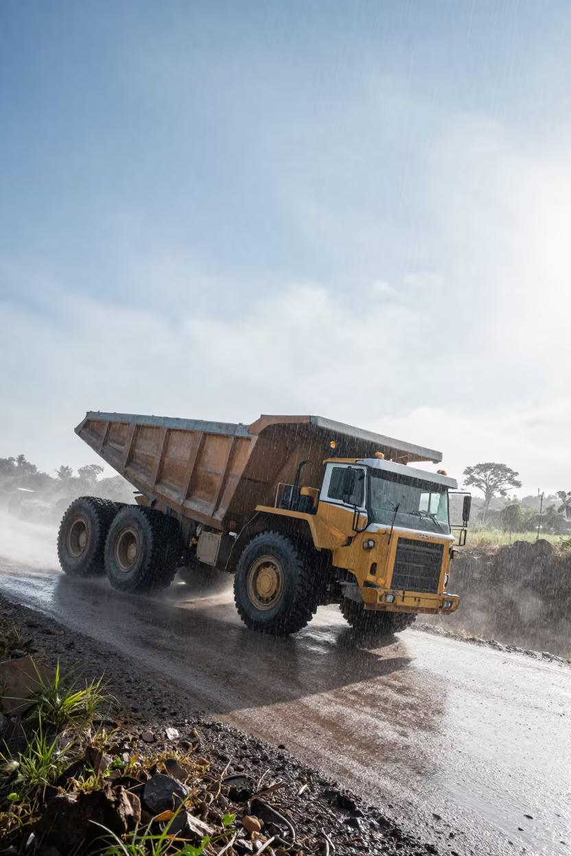 Quarry Truck Climbing Upward Rain in Dawn in near Ondo