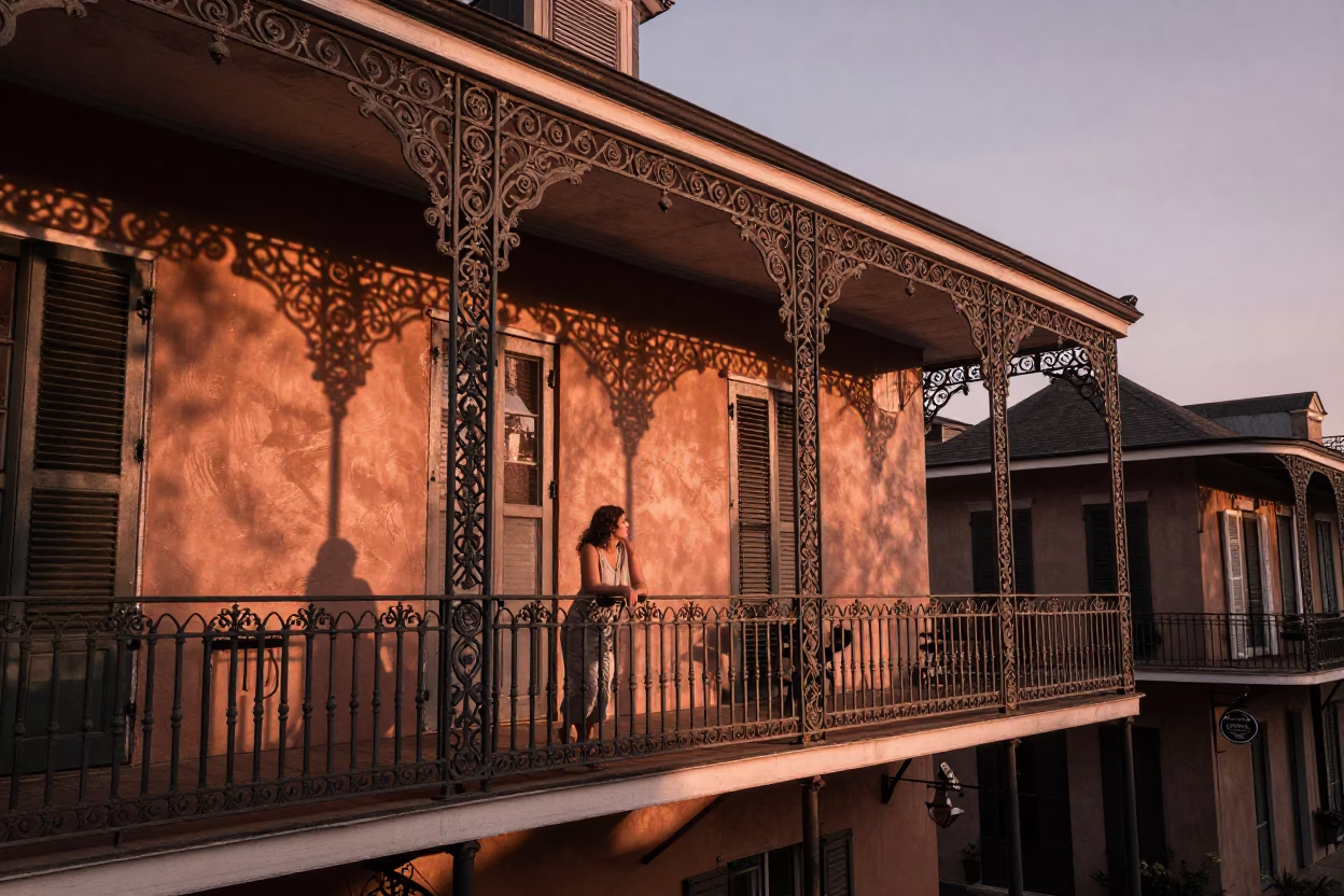 Quarter Balcony at Copper-toned Light Before Dusk in New Orleans in in New Orleans, Louisiana, United States