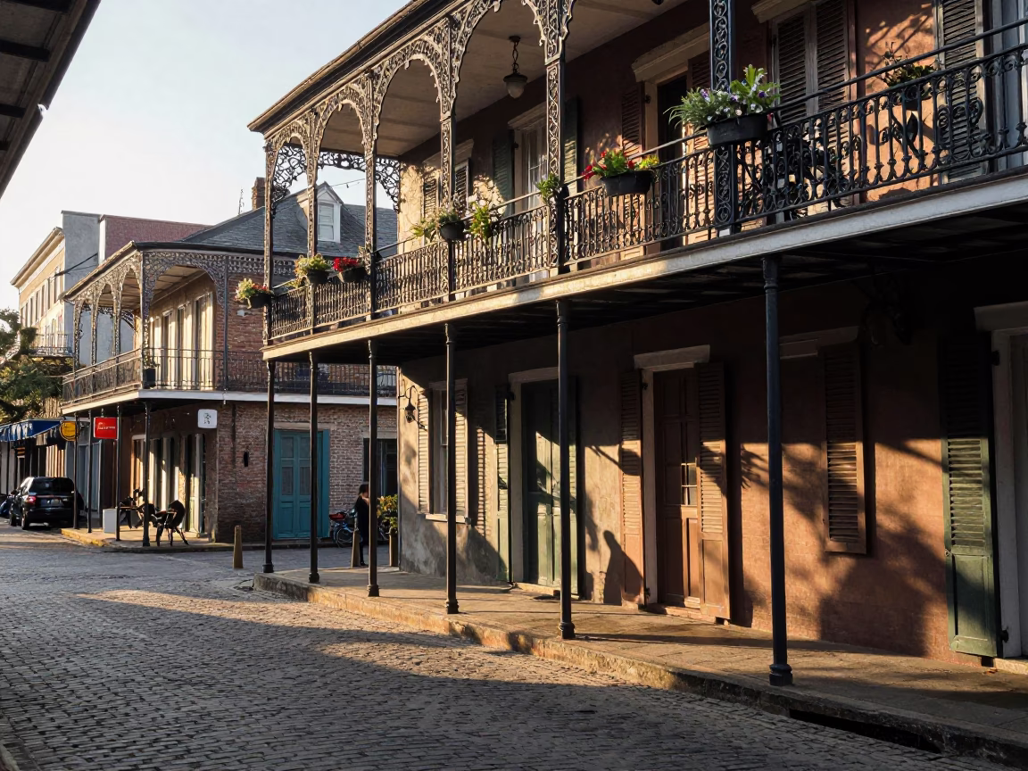 Quarter Balcony in New Orleans at As First Light Reaches The Scene in in New Orleans, Louisiana, United States