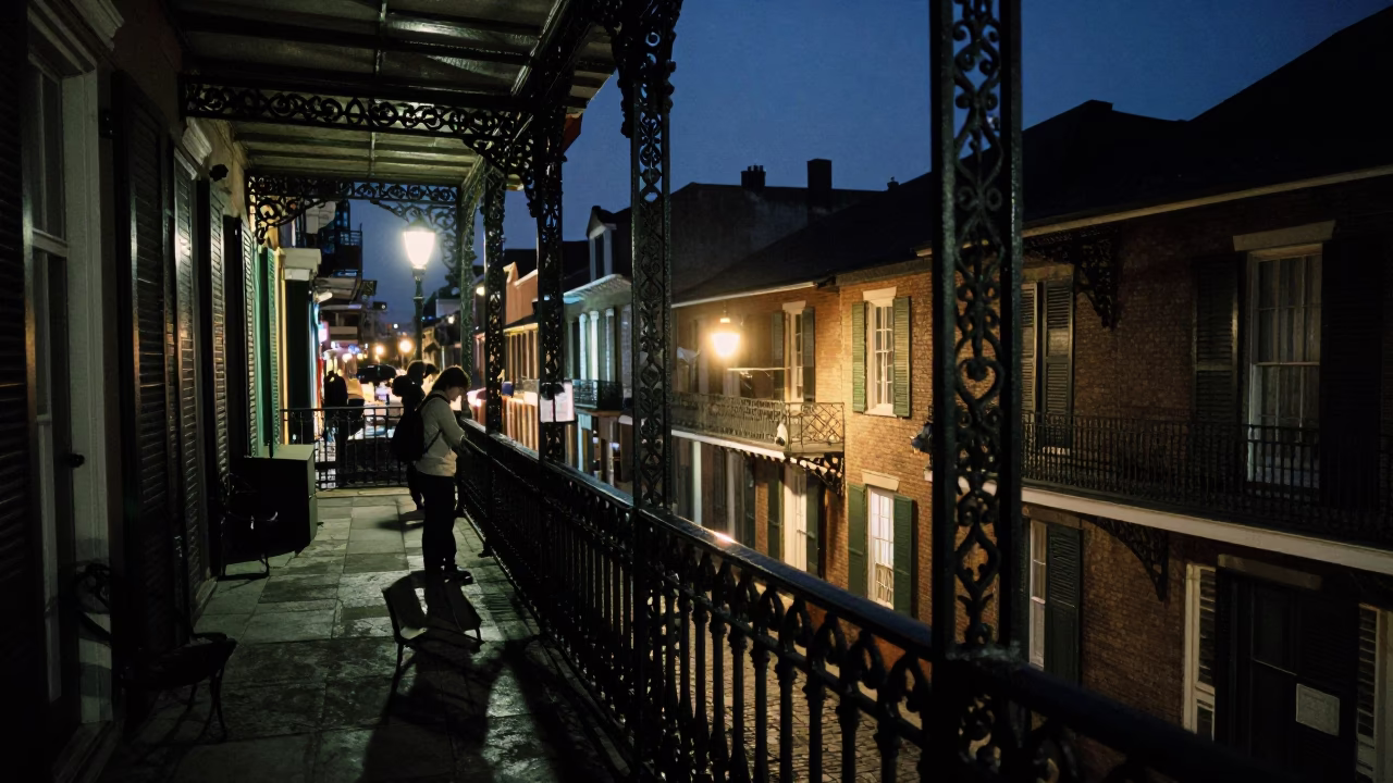 Quarter Balcony in New Orleans at Midnight Light in in New Orleans, Louisiana, United States