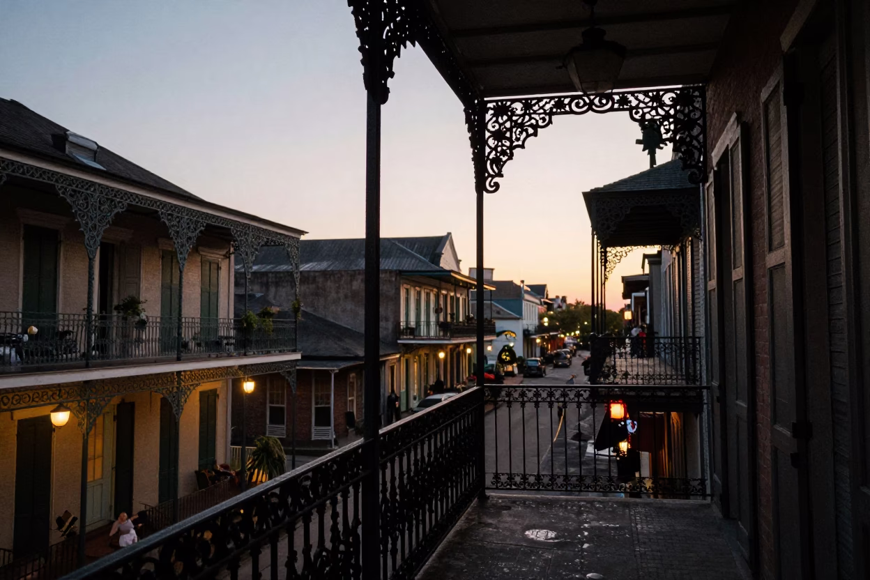 Quarter Balcony in New Orleans at The Still Hours Before Dawn Light in in New Orleans, Louisiana, United States