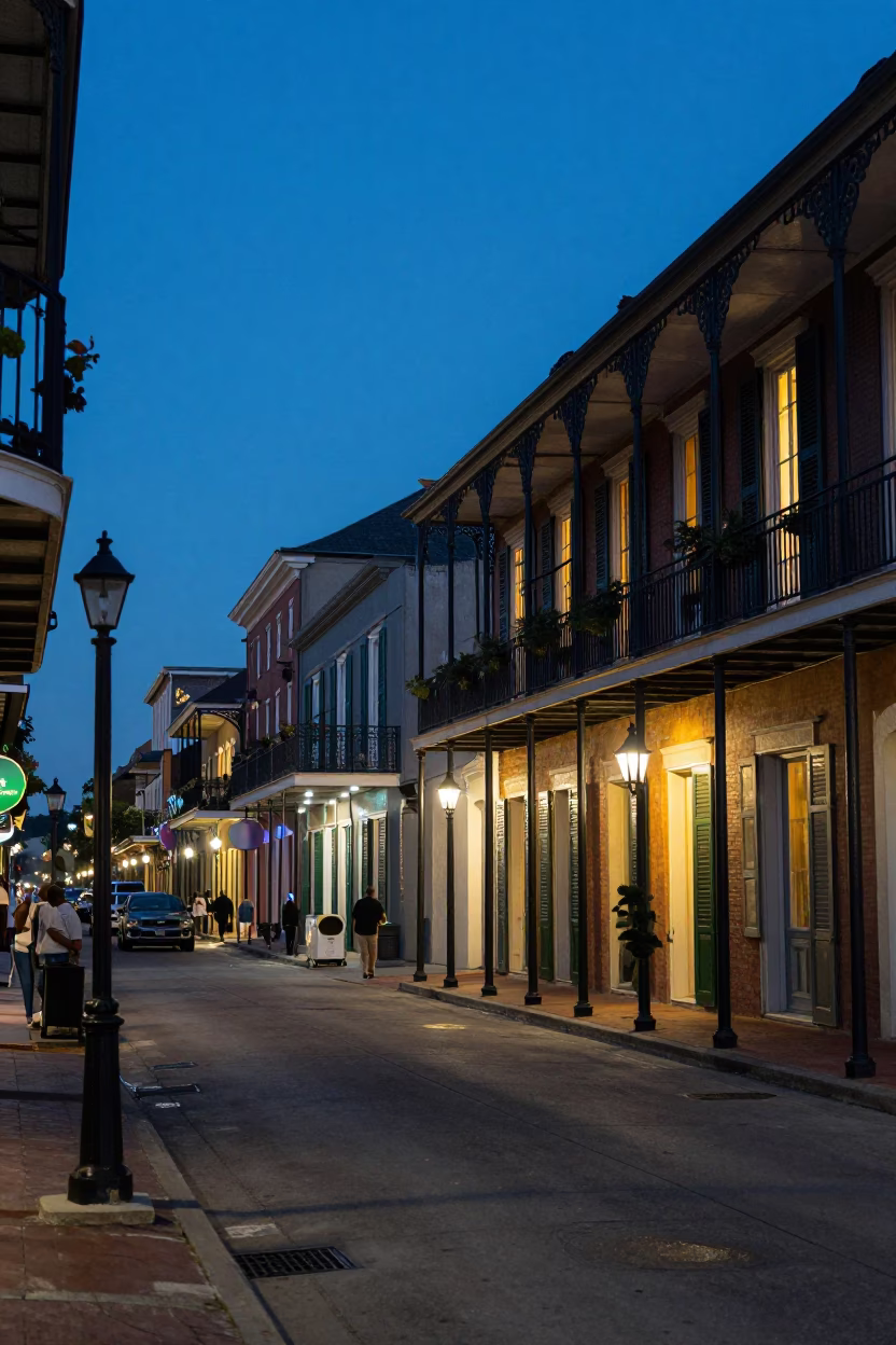 Quarter Street in New Orleans at As City Lights Begin To Glow in in New Orleans, Louisiana, United States