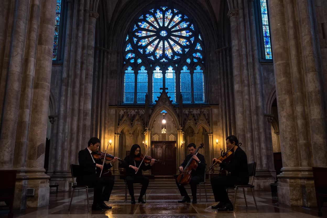 Quartet Plays Under Monsoon Cathedral Window in inside a candlelit nave in Monrovia