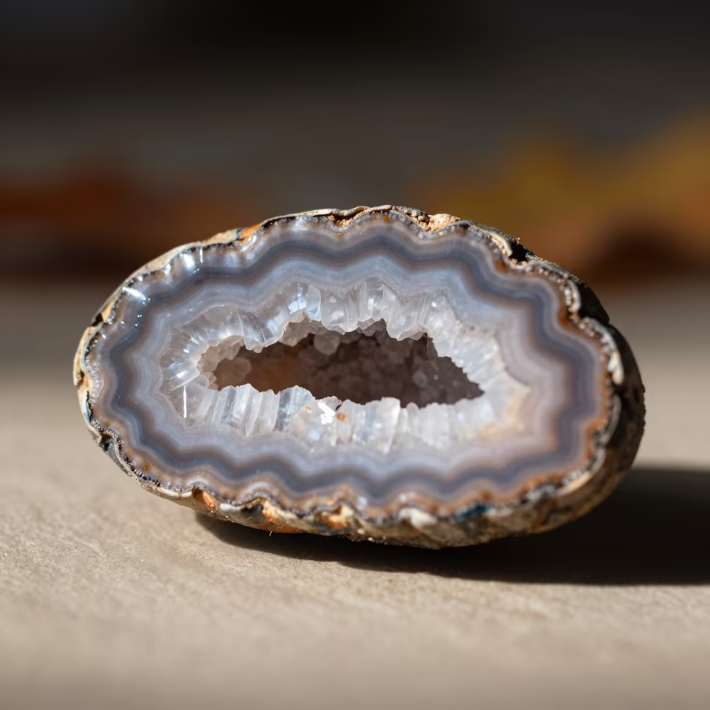 Quartz Bands in Geode Cross Section in inside a seed pod split open in Kramatorsk