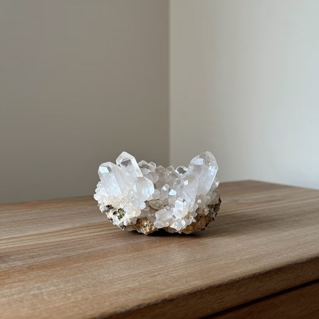 Quartz Cluster on Dusty Library Table in on a dusty library table in Thessaloniki