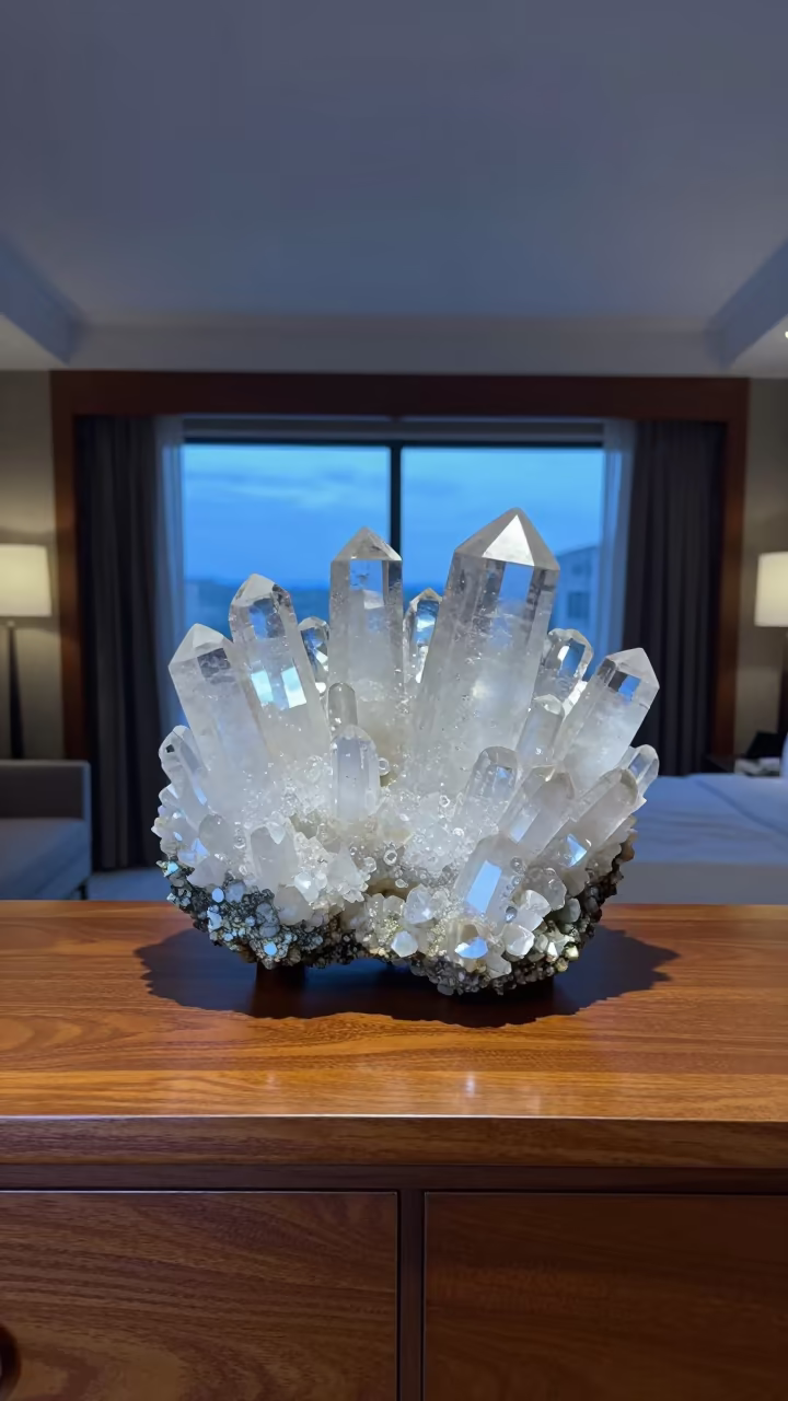 Quartz Cluster on Mica Schist Okinawa Twilight in on a hotel dresser in Okinawa
