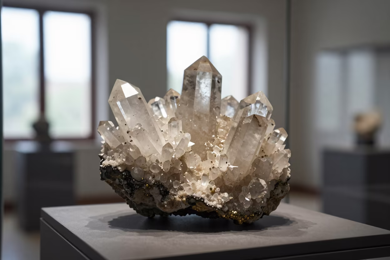 Quartz Crystal Cluster on Mica Schist Plinth in on a museum plinth in Ghaziabad