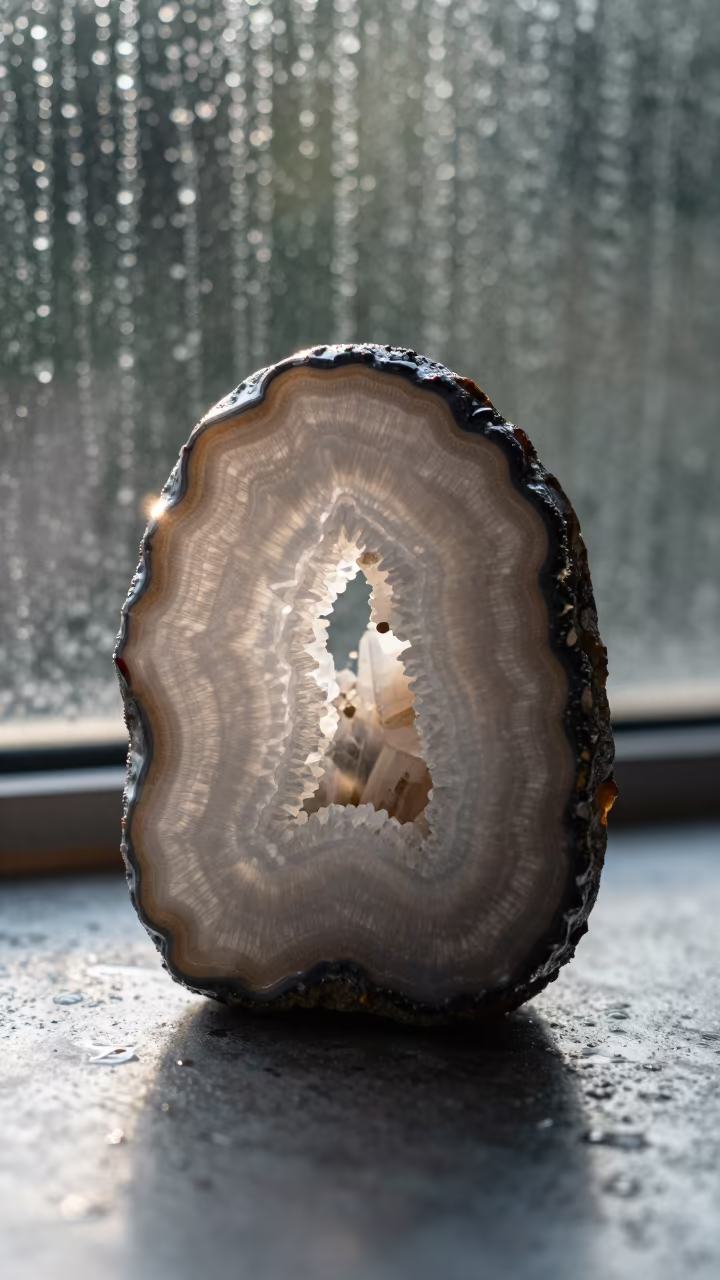 Quartz Geode Cross Section on Rainy Metal in across a rain-beaded metal surface near Tanga