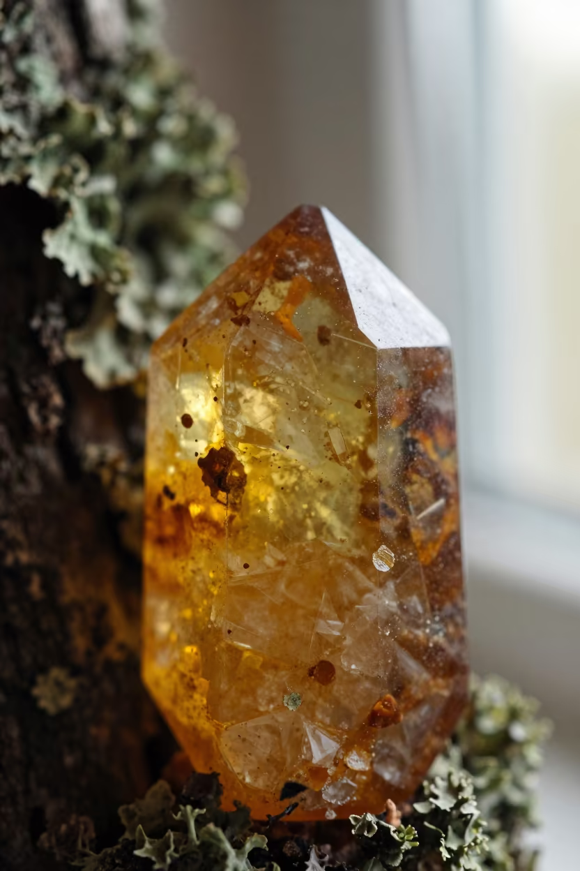 Quartz Inclusions in Amber Light Macro in on lichen-covered bark near Oslo