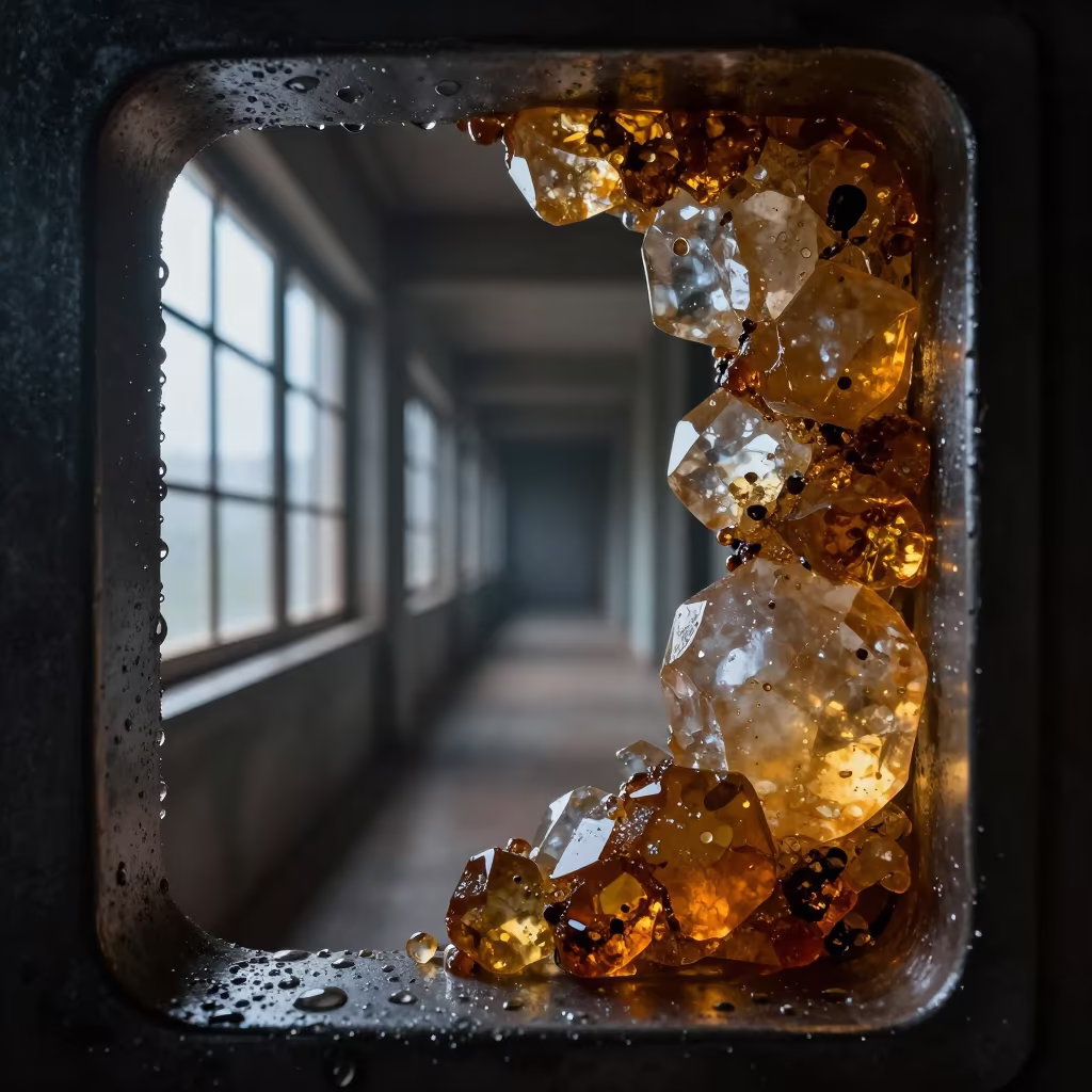 Quartz Inclusions in Amber Light in across a rain-beaded metal surface near Kollam