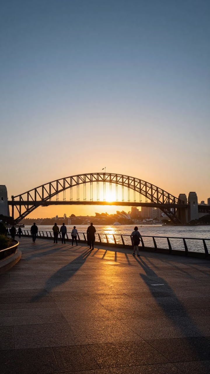 Quay Parkland in Sydney at As The Sun Drops Toward The Horizon in in Sydney, New South Wales, Australia