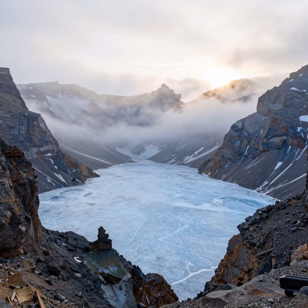 Quebec Cirque Tarn Frozen Mist Summer Light in across a wide valley floor in Quebec