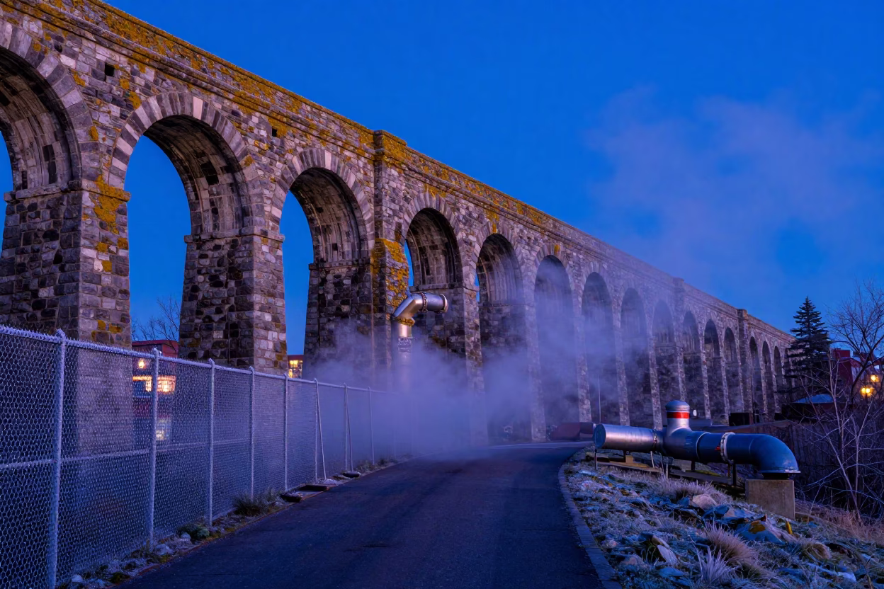 Quebec City Aqueduct Maintenance Path at Indigo Twilight with Steam and Frost in in Quebec City, Quebec, Canada