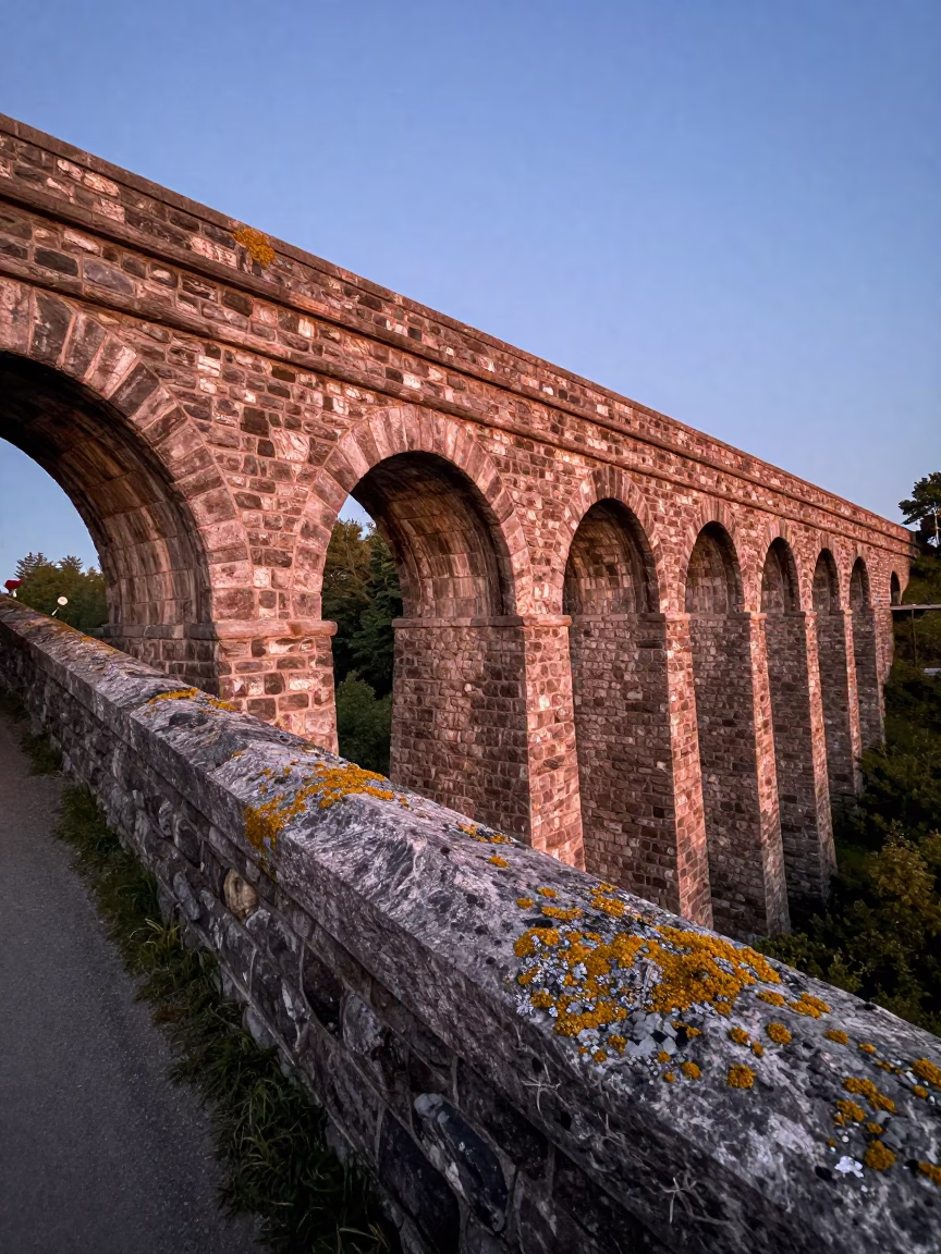Quebec City Aqueduct Maintenance Path Lichen Parapets Copper Dusk Light in in Quebec City, Quebec, Canada