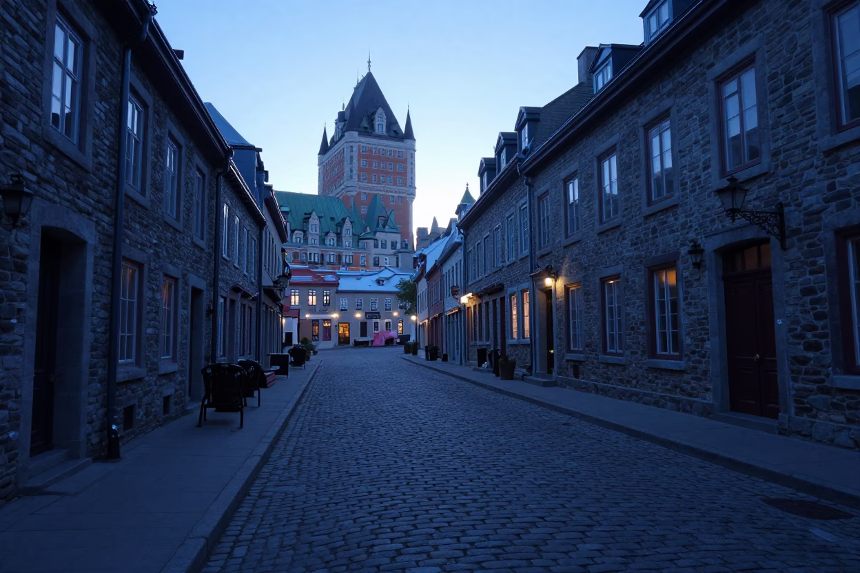 Quebec City Before Sunrise Stone Streets and Early Morning Mist in in Quebec City, Quebec, Canada