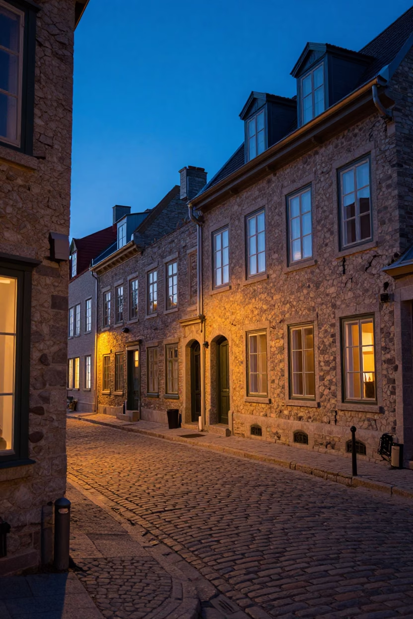 Quebec City Blue Hour Street Scene with Cracked Stucco and Coffee Tin in in Quebec City, Quebec, Canada