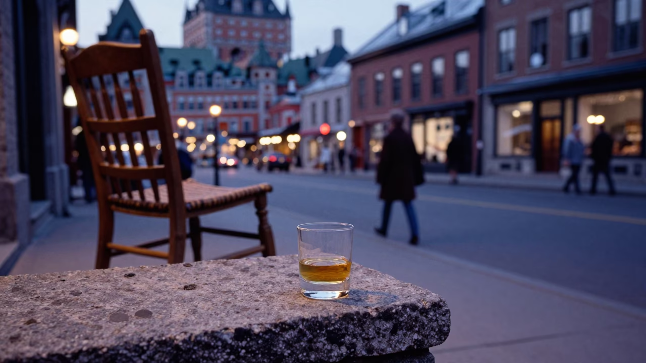 Quebec City Blue Hour Street Scene with Ladder-Back Chair and Whisky Tumbler in in Quebec City, Quebec, Canada