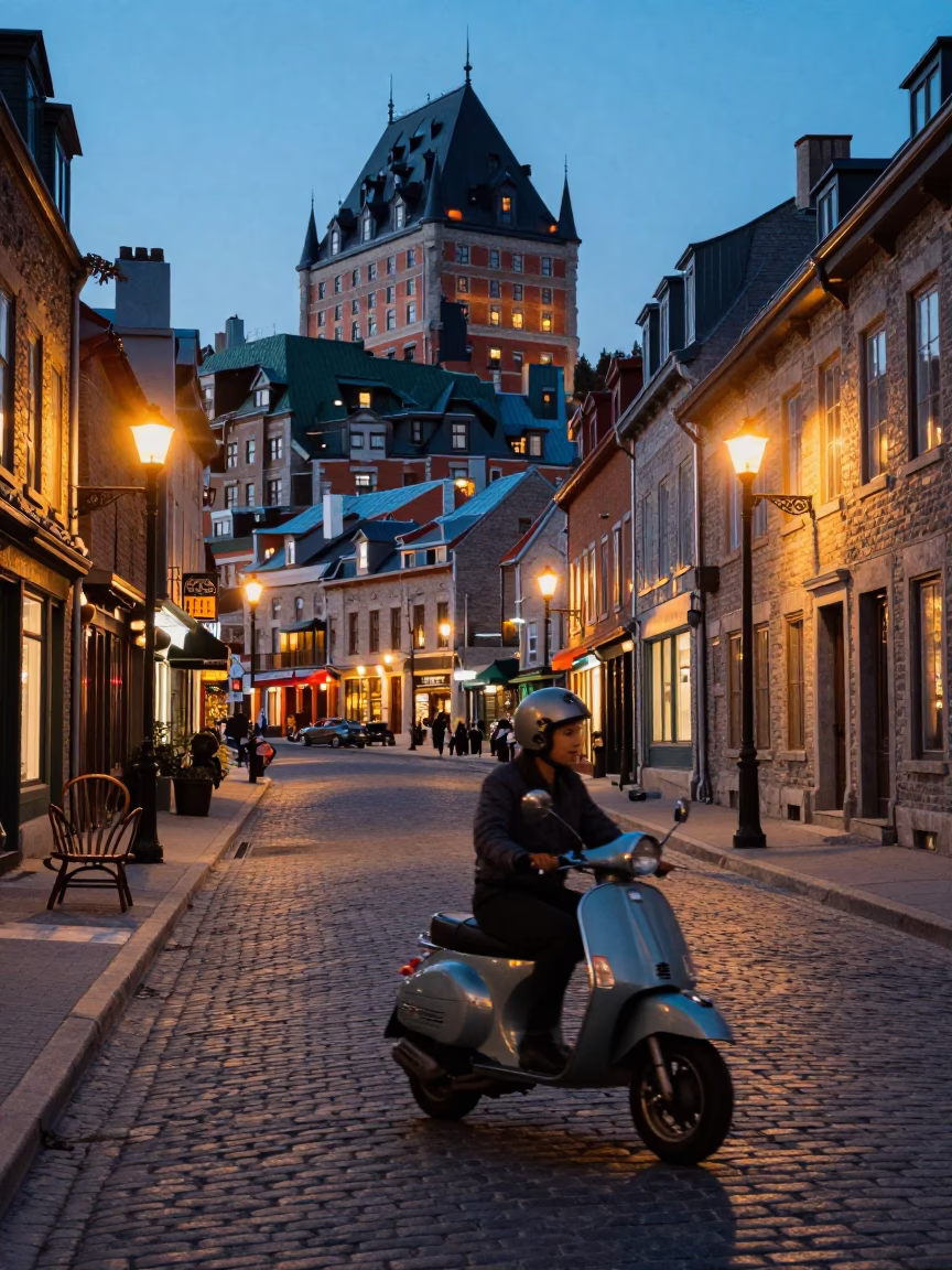 Quebec City Blue Hour Street Scene with Scooter and Spindle Chair in in Quebec City, Quebec, Canada