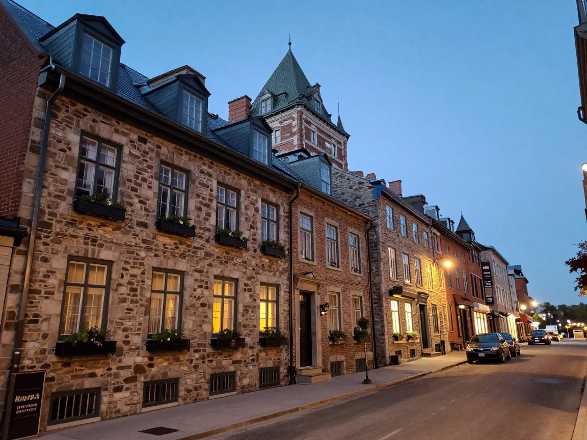 Quebec City Blue Hour Street Scene with Window Boxes and Brick Architecture in in Quebec City, Quebec, Canada
