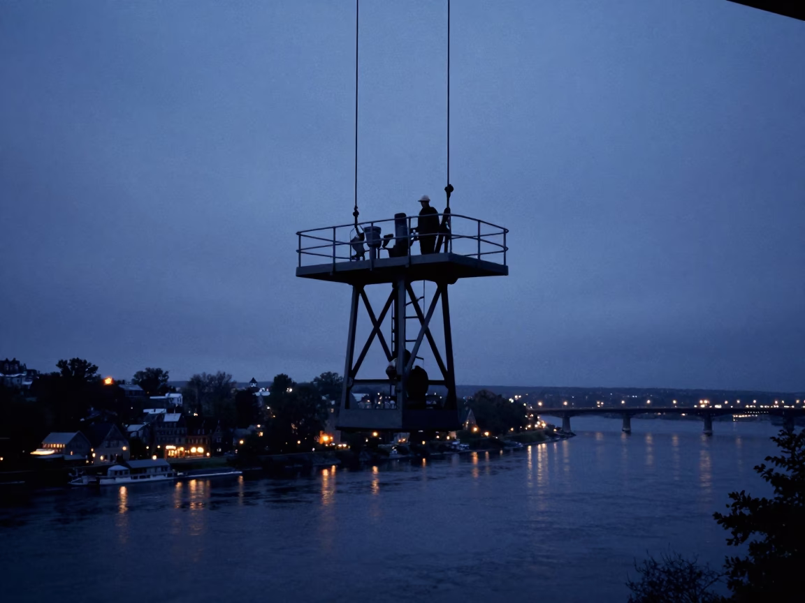 Quebec City bridge maintenance cage swinging in predawn darkness in in Quebec City, Quebec, Canada