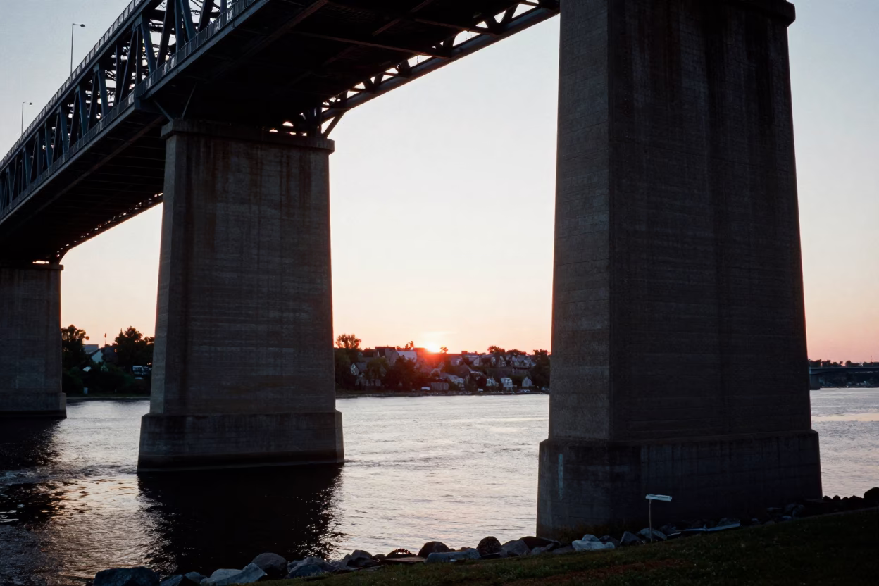 Quebec City Bridge Piers at As The Sun Drops Toward The Horizon in in Quebec City, Quebec, Canada