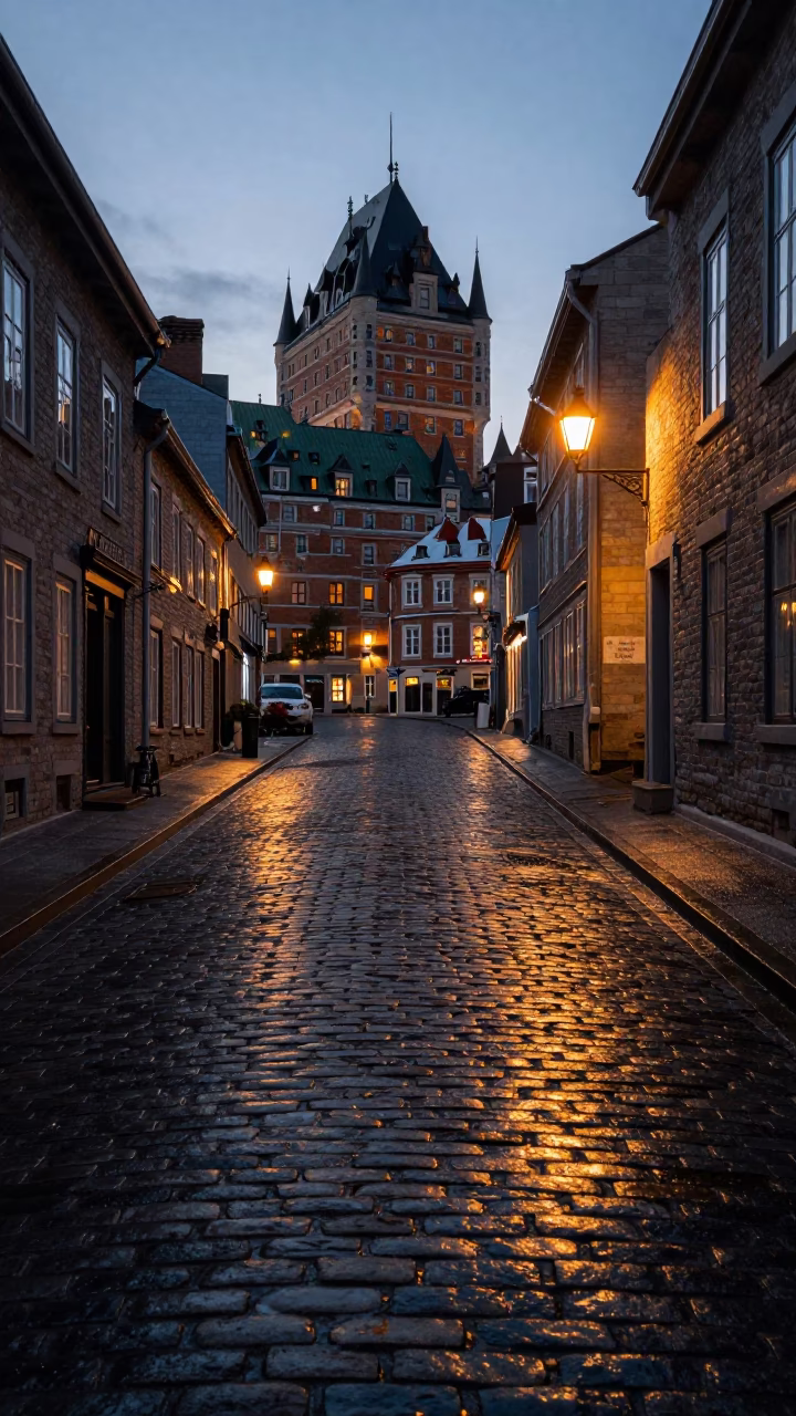 Quebec City Cobblestone Dawn Light Reflects on Wet Stone Before Sunrise in in Quebec City, Quebec, Canada