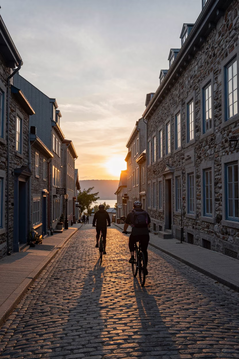 Quebec City Cobblestone Street at As The Sun Drops Toward The Horizon in in Quebec City, Quebec, Canada