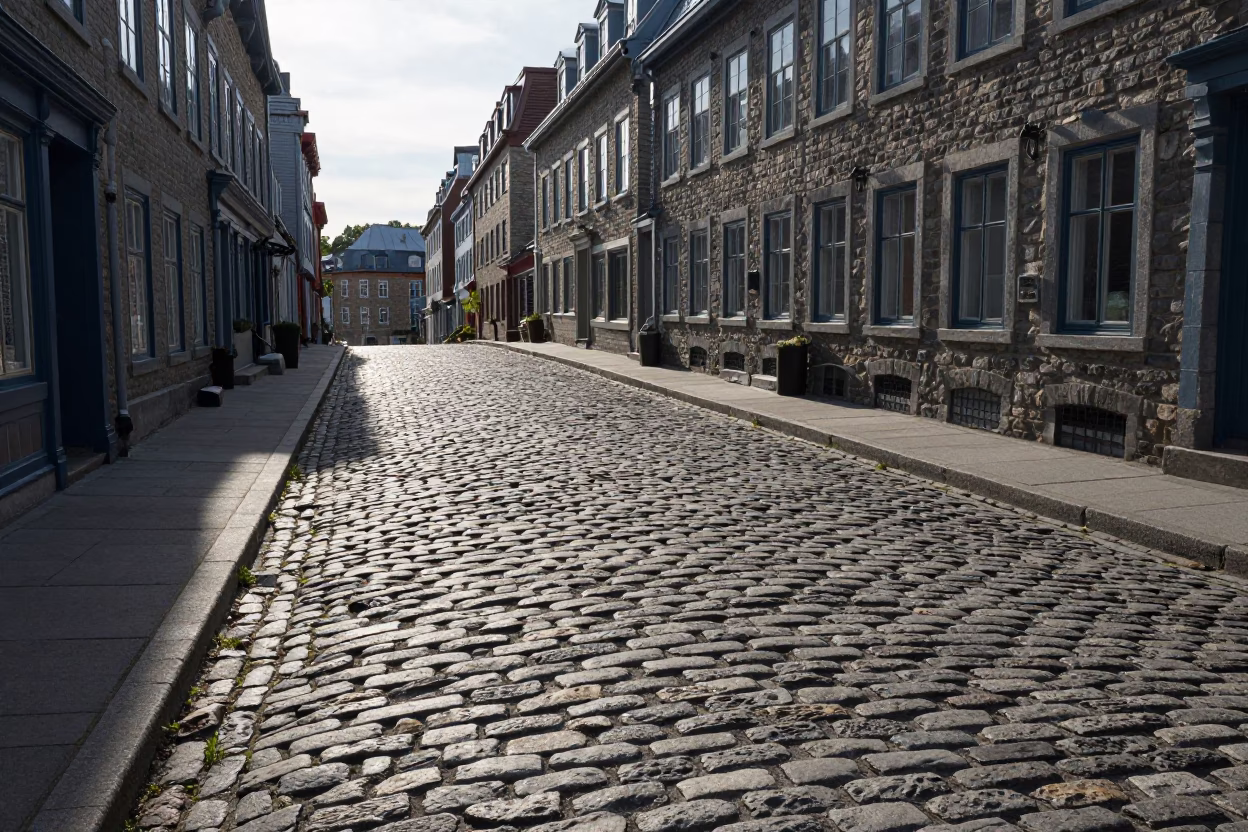 Quebec City Cobblestone Street at Clear Late-afternoon Light in in Quebec City, Quebec, Canada