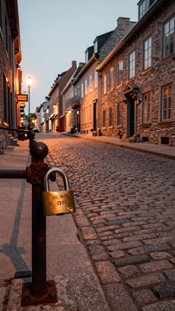 Quebec City Cobblestone Street at Copper-toned Light Before Dusk in in Quebec City, Quebec, Canada
