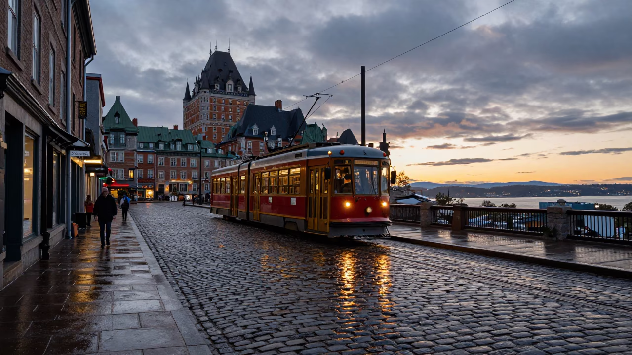 Quebec City Cobblestone Street at Dusk with Tram Reflection and Rain Puddle in in Quebec City, Quebec, Canada