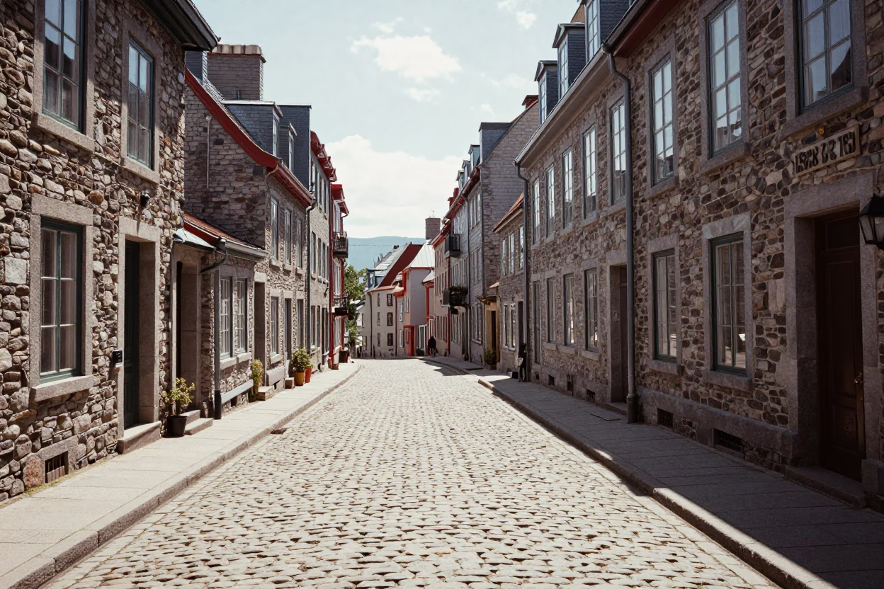 Quebec City Cobblestone Street at Midday Light in in Quebec City, Quebec, Canada