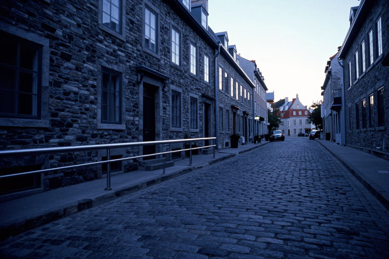 Quebec City Cobblestone Street at Sunrise Light in in Quebec City, Quebec, Canada