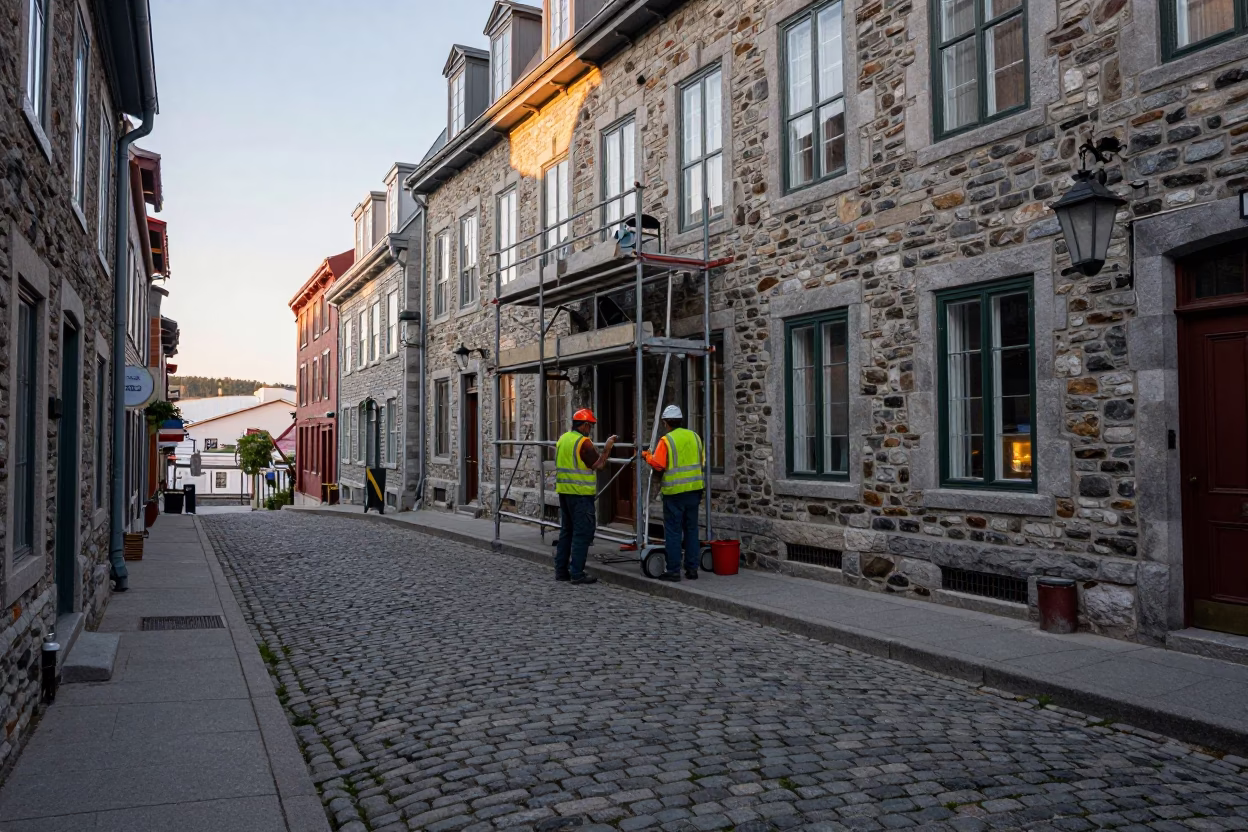 Quebec City Cobblestone Street Late Afternoon Masons Resting Near Stone Facade in in Quebec City, Quebec, Canada